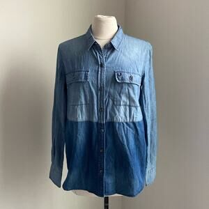 TRUE RELIGION Linen Blend Chambray Utility Shirt Womens Sz Medium Button Down